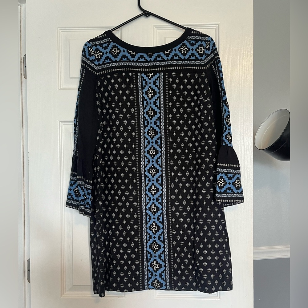 LOFT Black and Blue Bell Sleeve Dress